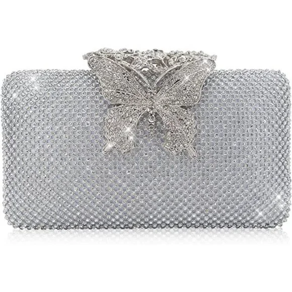 NEW Sparkling Bling Crystal Rhinestone Clutch Butterfly Purse: Silver Go… - Picture 7 of 13